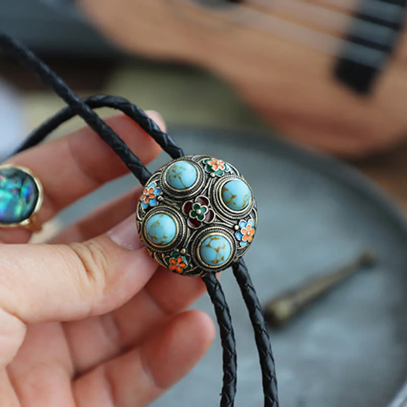 Ancient Blue Turquoise Enamel Flower Bolo Tie - Image 4