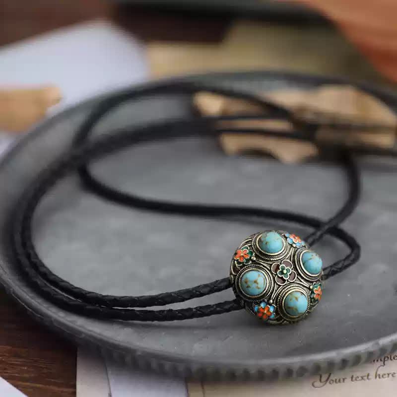 Ancient Blue Turquoise Enamel Flower Bolo Tie - Image 5