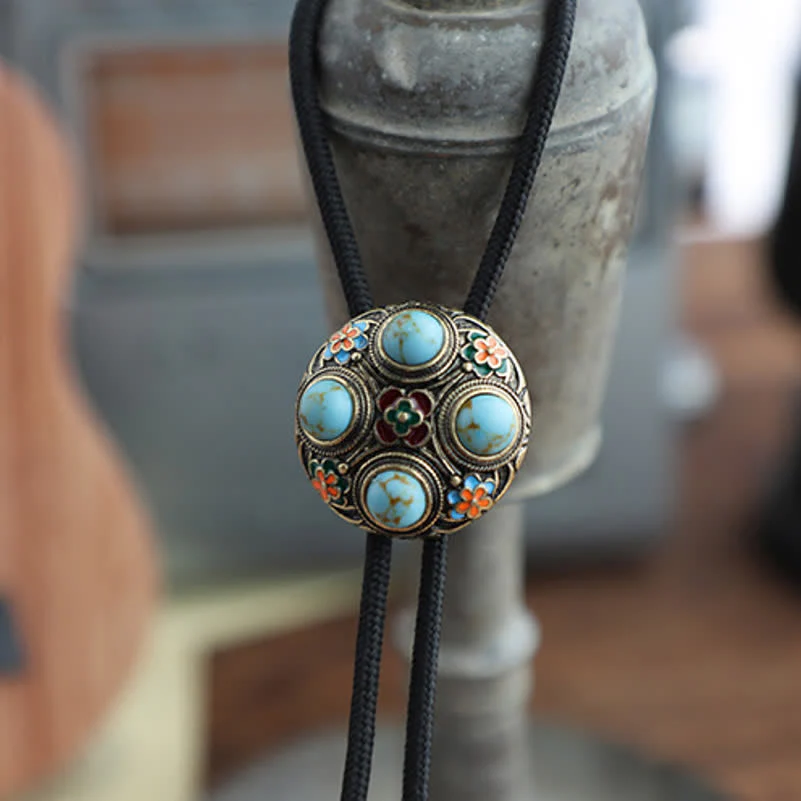 Ancient Blue Turquoise Enamel Flower Bolo Tie - Image 7
