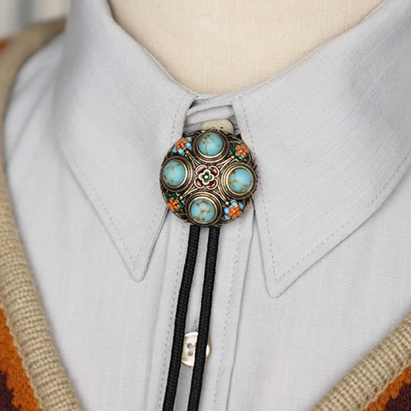 Ancient Blue Turquoise Enamel Flower Bolo Tie - Image 8