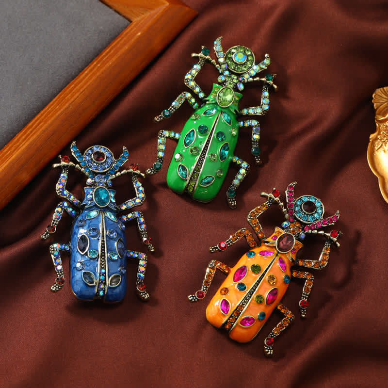 Ancient Large Enamel Scarab Colored Crystal Brooch - Image 2
