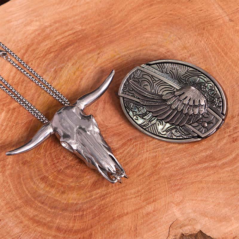 Angel Wing DIY Hidden Knife Belt Buckle Longhorn Bull Pendant Bundle Set - Image 2