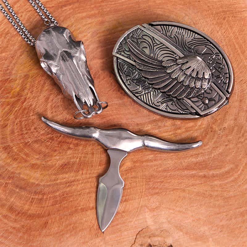 Angel Wing DIY Hidden Knife Belt Buckle Longhorn Bull Pendant Bundle Set - Image 3
