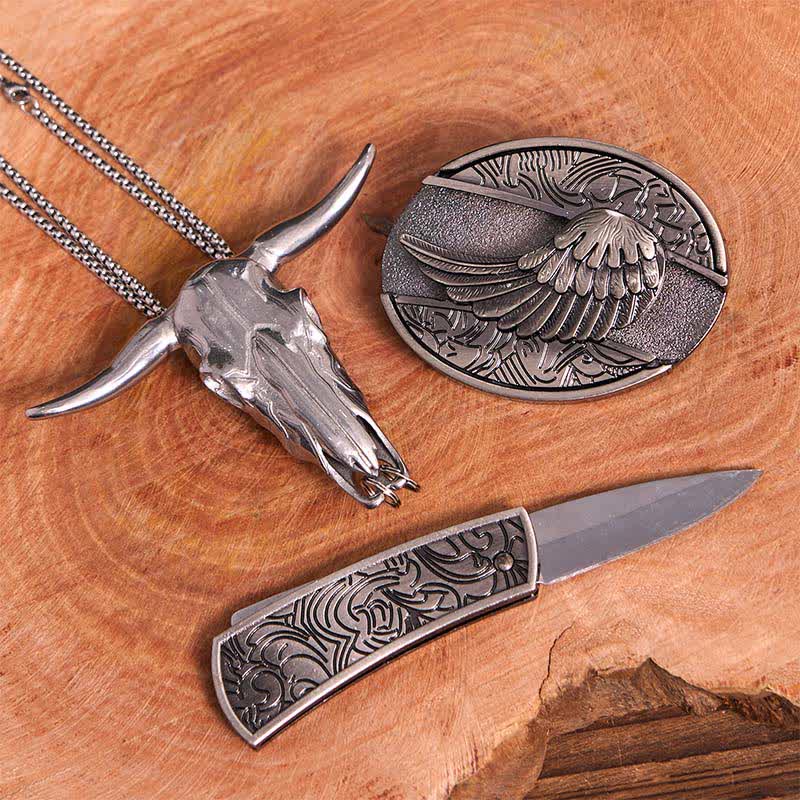 Angel Wing DIY Hidden Knife Belt Buckle Longhorn Bull Pendant Bundle Set - Image 4
