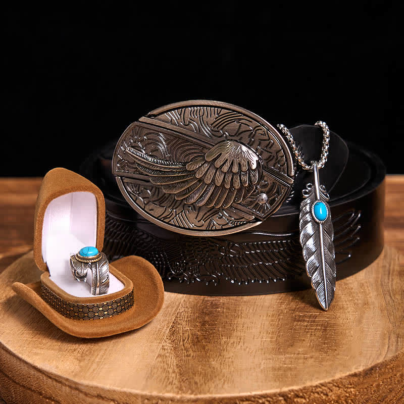 Angle Wing DIY Hidden Knife Belt Buckle Turquoise Feather Necklace Ring Bundle Set - Image 11
