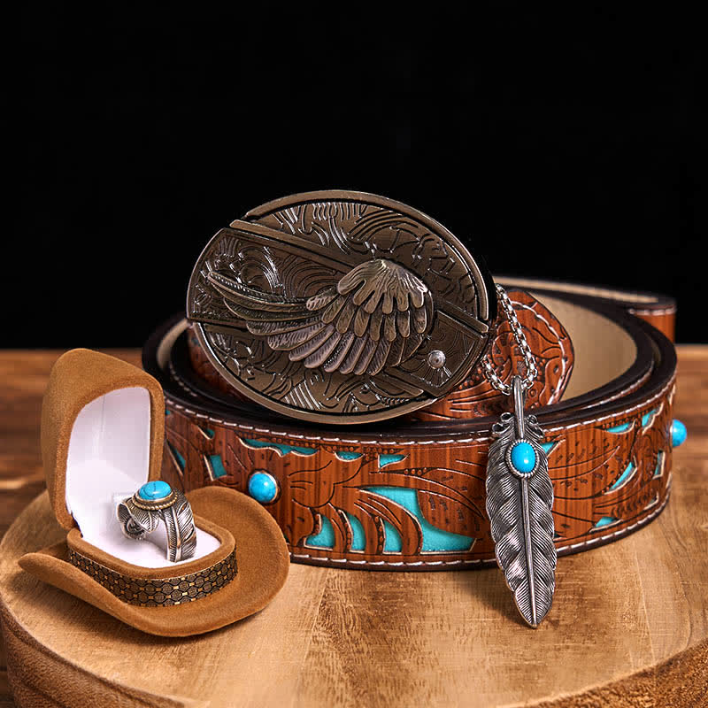 Angle Wing DIY Hidden Knife Belt Buckle Turquoise Feather Necklace Ring Bundle Set - Image 12