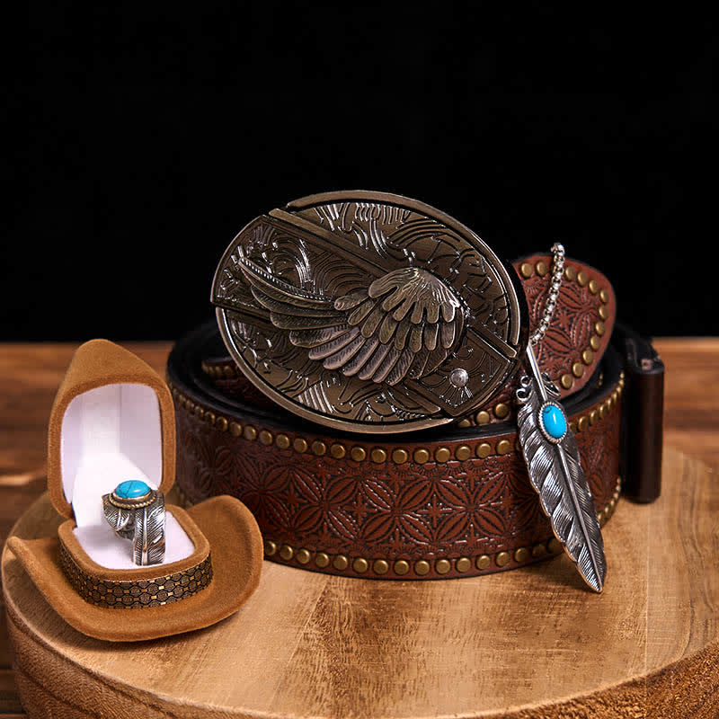Angle Wing DIY Hidden Knife Belt Buckle Turquoise Feather Necklace Ring Bundle Set - Image 13