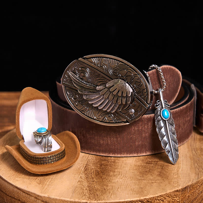 Angle Wing DIY Hidden Knife Belt Buckle Turquoise Feather Necklace Ring Bundle Set - Image 14