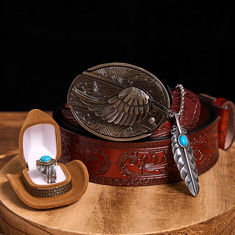 Angle Wing DIY Hidden Knife Belt Buckle Turquoise Feather Necklace Ring Bundle Set - Image 15