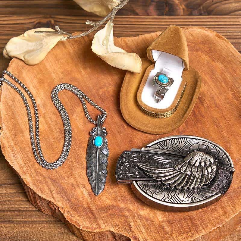 Angle Wing DIY Hidden Knife Belt Buckle Turquoise Feather Necklace Ring Bundle Set - Image 2
