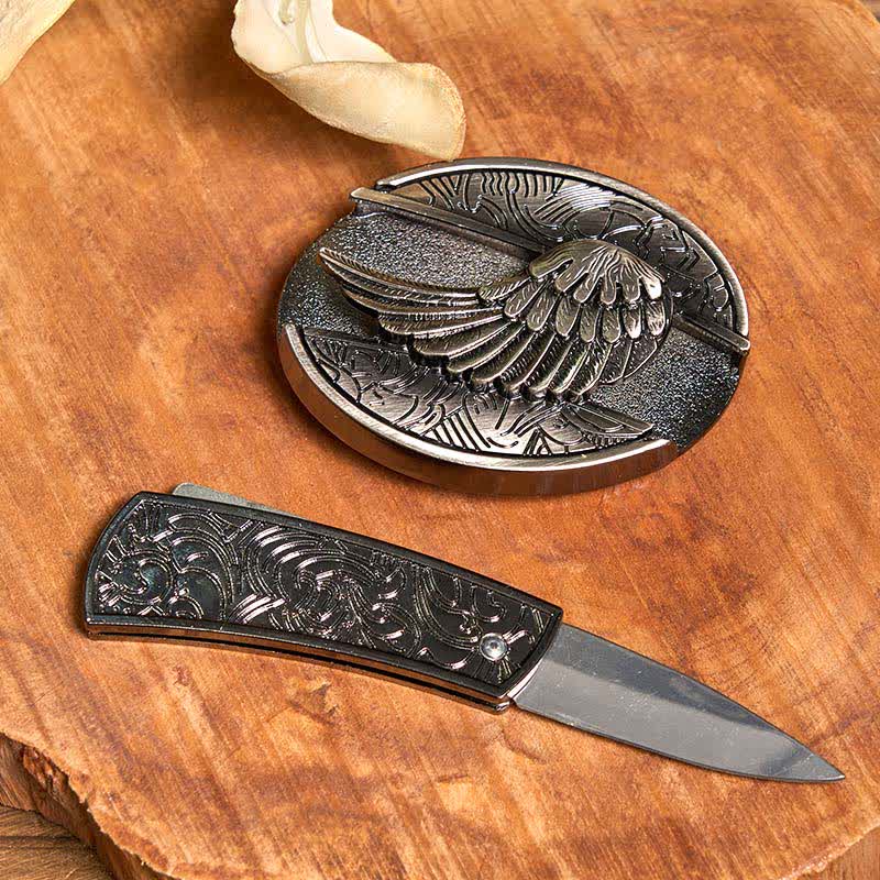 Angle Wing DIY Hidden Knife Belt Buckle Turquoise Feather Necklace Ring Bundle Set - Image 3