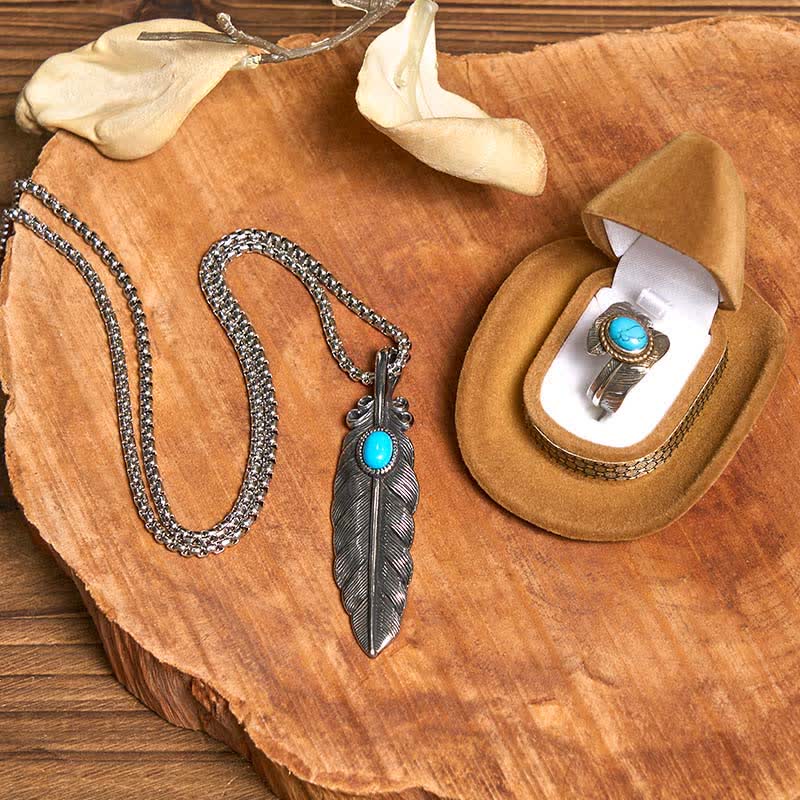 Angle Wing DIY Hidden Knife Belt Buckle Turquoise Feather Necklace Ring Bundle Set - Image 4