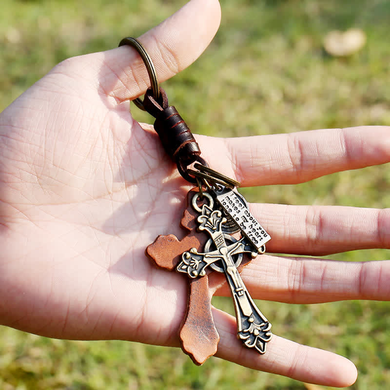 Antique Bronze Cross Pendant Leather Keychain - Image 2