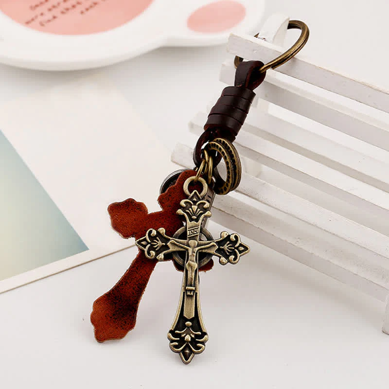 Antique Bronze Cross Pendant Leather Keychain - Image 3