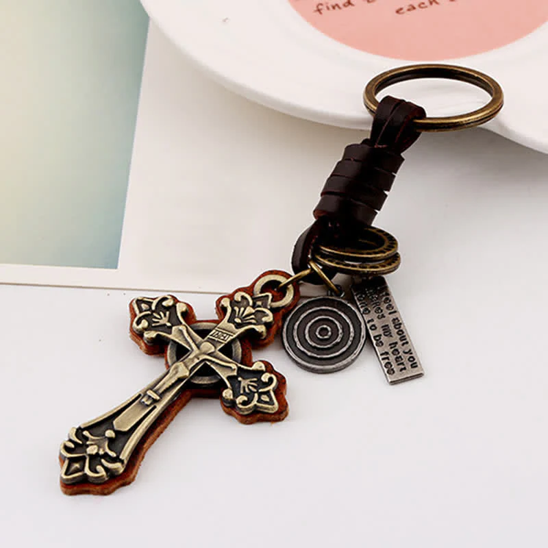 Antique Bronze Cross Pendant Leather Keychain - Image 4