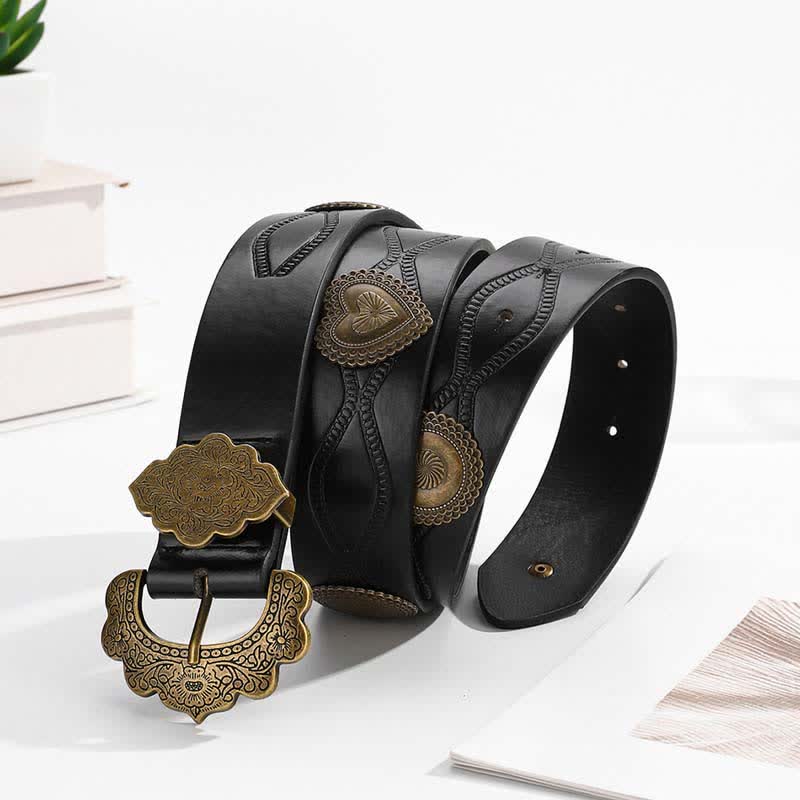 Antique Bronze Heart & Round Rivets Black Leather Belt - Image 2