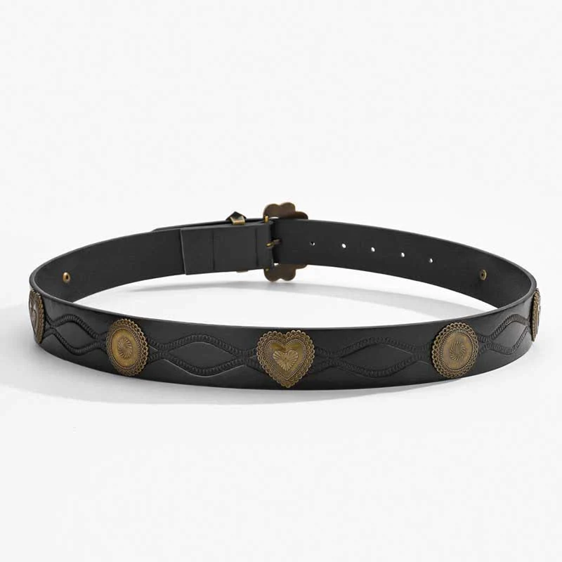 Antique Bronze Heart & Round Rivets Black Leather Belt - Image 4