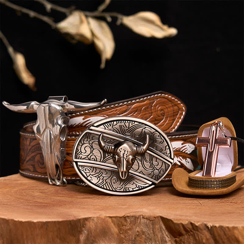 Antique Silver Bull DIY Hidden Knife Belt Buckle Cross Necklace Bundle Set