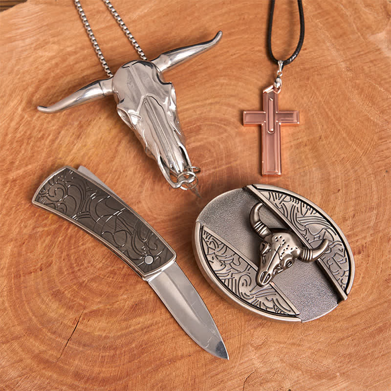 Antique Silver Bull DIY Hidden Knife Belt Buckle Cross Necklace Bundle Set - Image 3