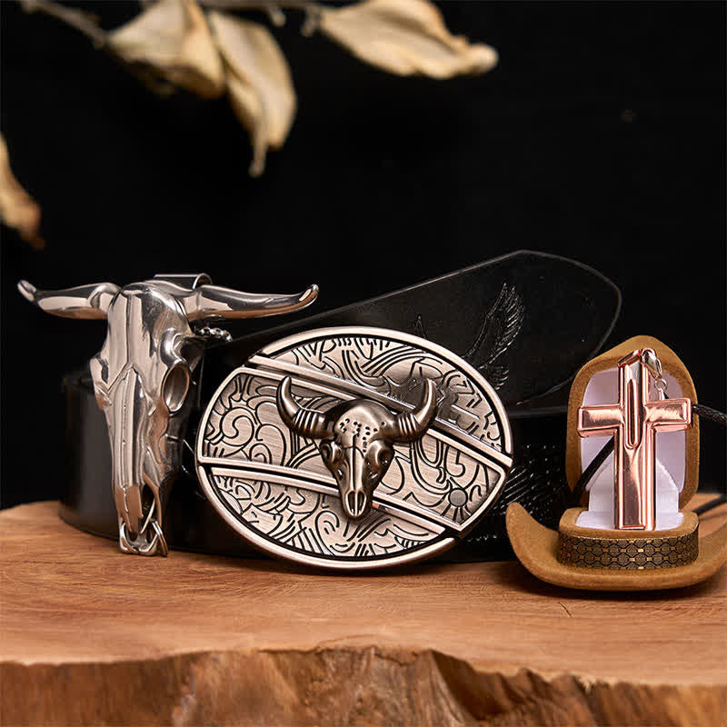 Antique Silver Bull DIY Hidden Knife Belt Buckle Cross Necklace Bundle Set - Image 4