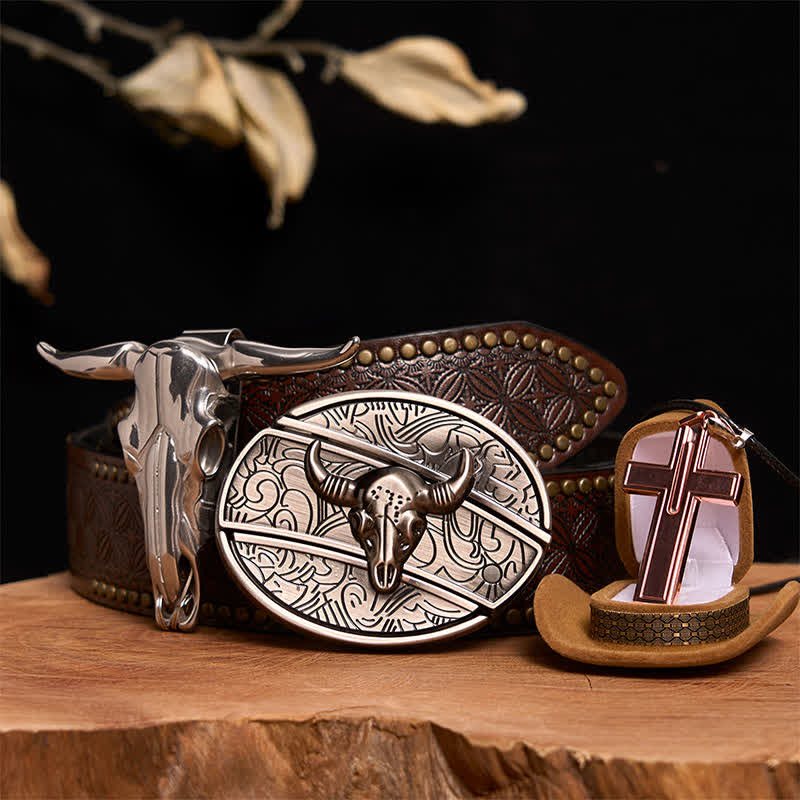 Antique Silver Bull DIY Hidden Knife Belt Buckle Cross Necklace Bundle Set - Image 6