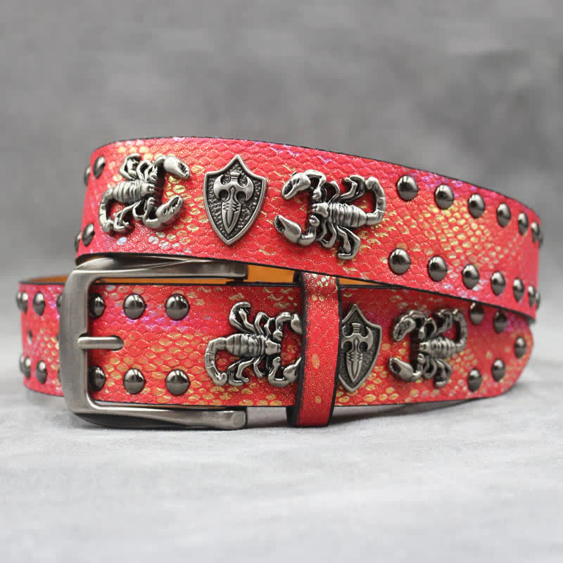 Antique Silver Scorpion Rivet Black Snakeskin Print Leather Belt - Image 11