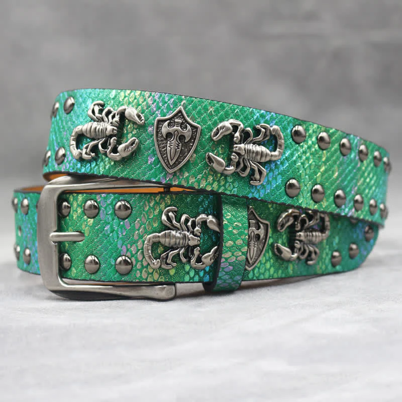 Antique Silver Scorpion Rivet Black Snakeskin Print Leather Belt - Image 13
