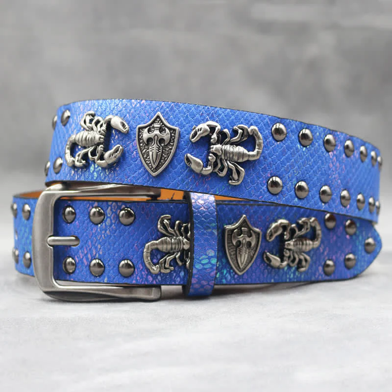 Antique Silver Scorpion Rivet Black Snakeskin Print Leather Belt - Image 15