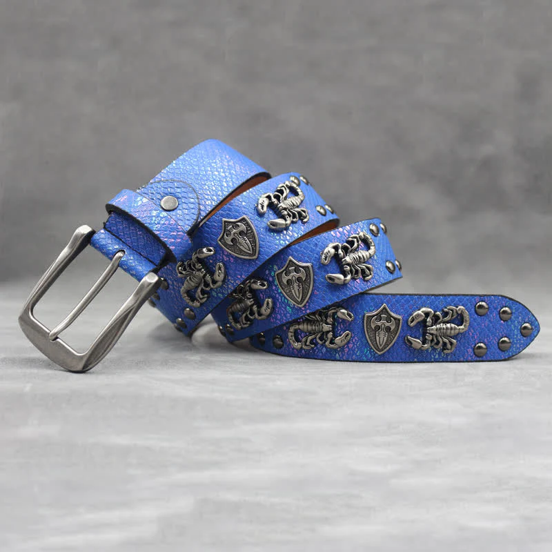 Antique Silver Scorpion Rivet Black Snakeskin Print Leather Belt - Image 16