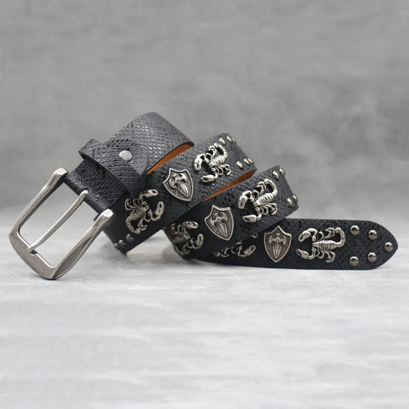 Antique Silver Scorpion Rivet Black Snakeskin Print Leather Belt - Image 2