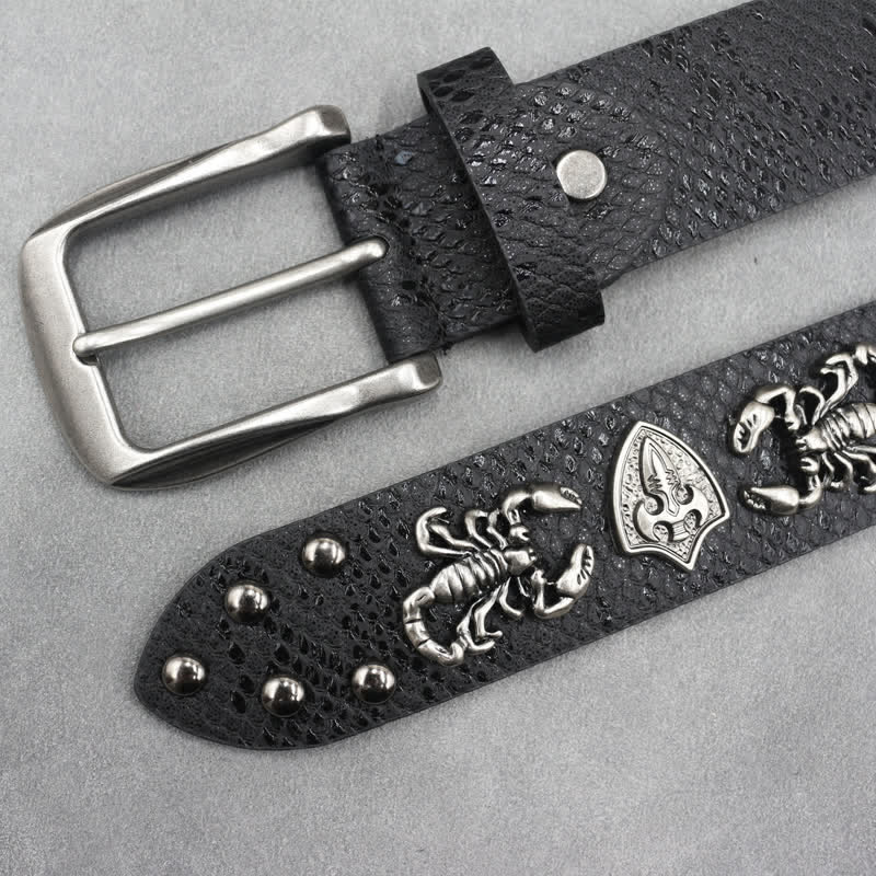 Antique Silver Scorpion Rivet Black Snakeskin Print Leather Belt - Image 3