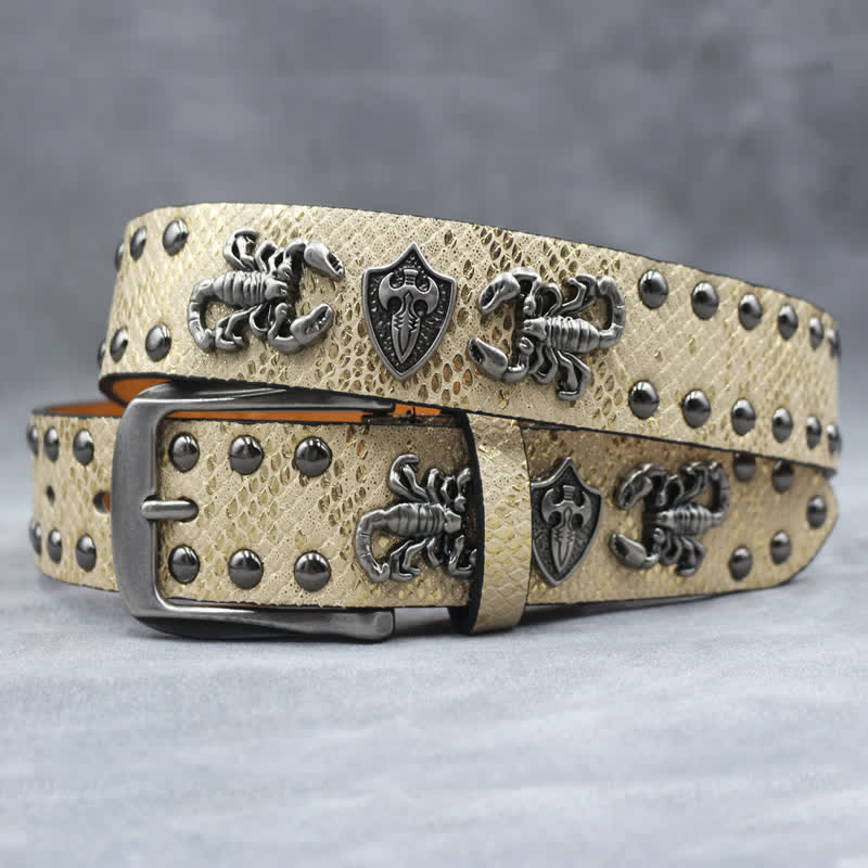 Antique Silver Scorpion Rivet Black Snakeskin Print Leather Belt - Image 9