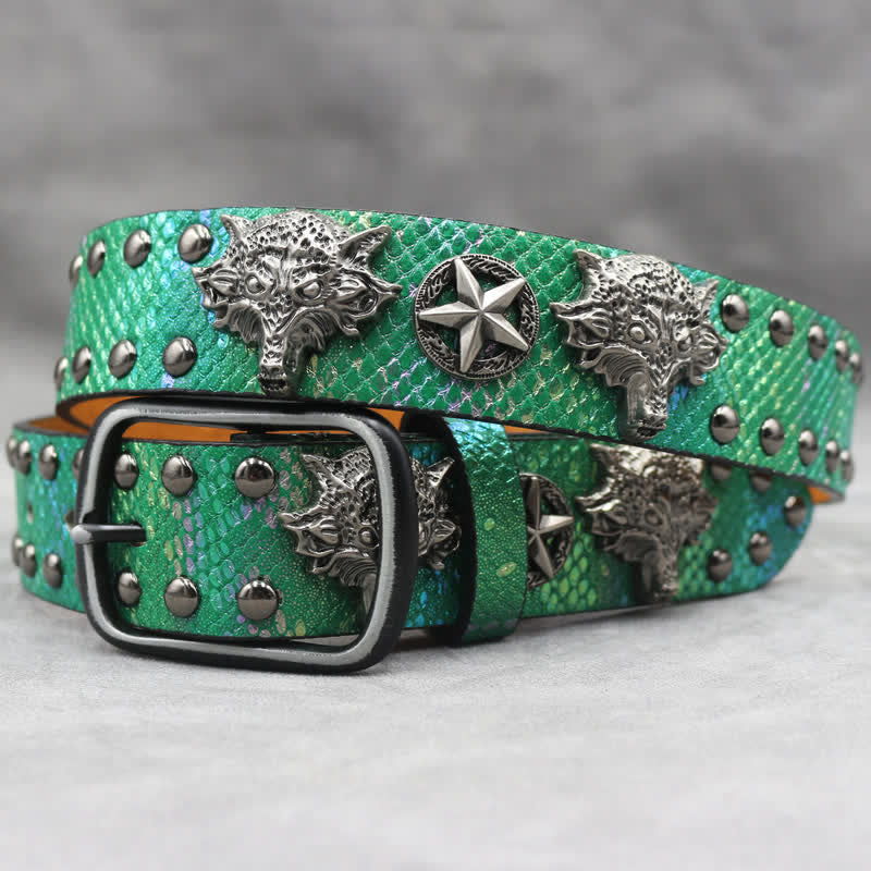 Antique Silver Wolf Head Rivet Black Snakeskin Print Leather Belt - Image 11