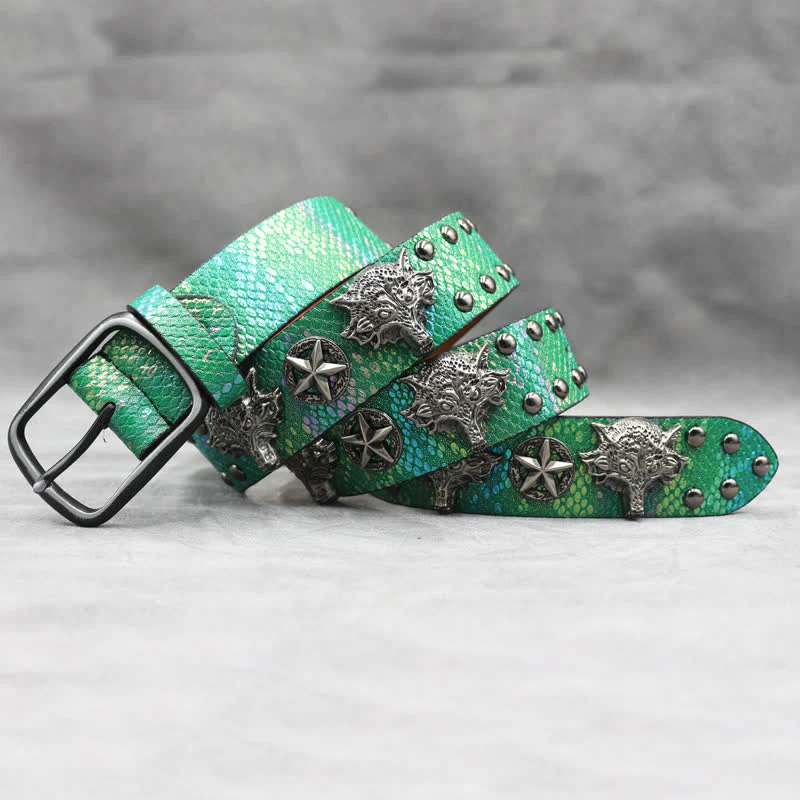 Antique Silver Wolf Head Rivet Black Snakeskin Print Leather Belt - Image 12