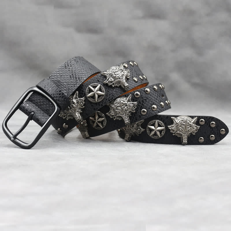 Antique Silver Wolf Head Rivet Black Snakeskin Print Leather Belt - Image 2