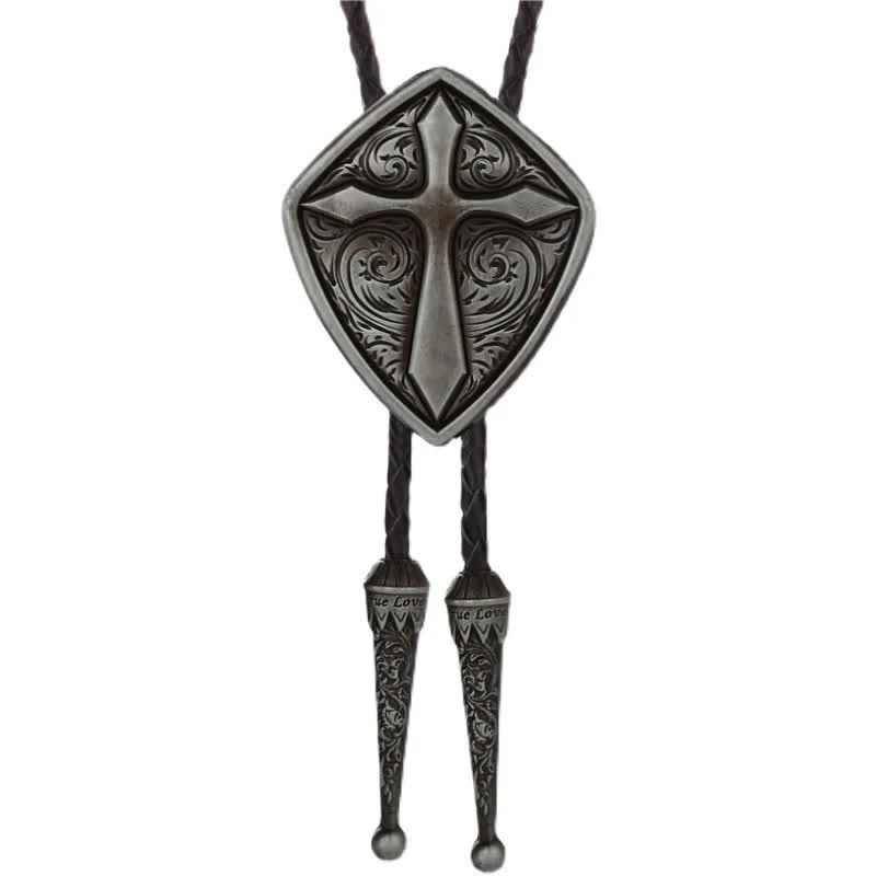 Antiqued Etching Cross Roman Shield Bolo Tie - Image 6