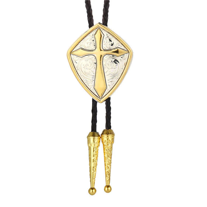 Antiqued Etching Cross Roman Shield Bolo Tie - Image 7