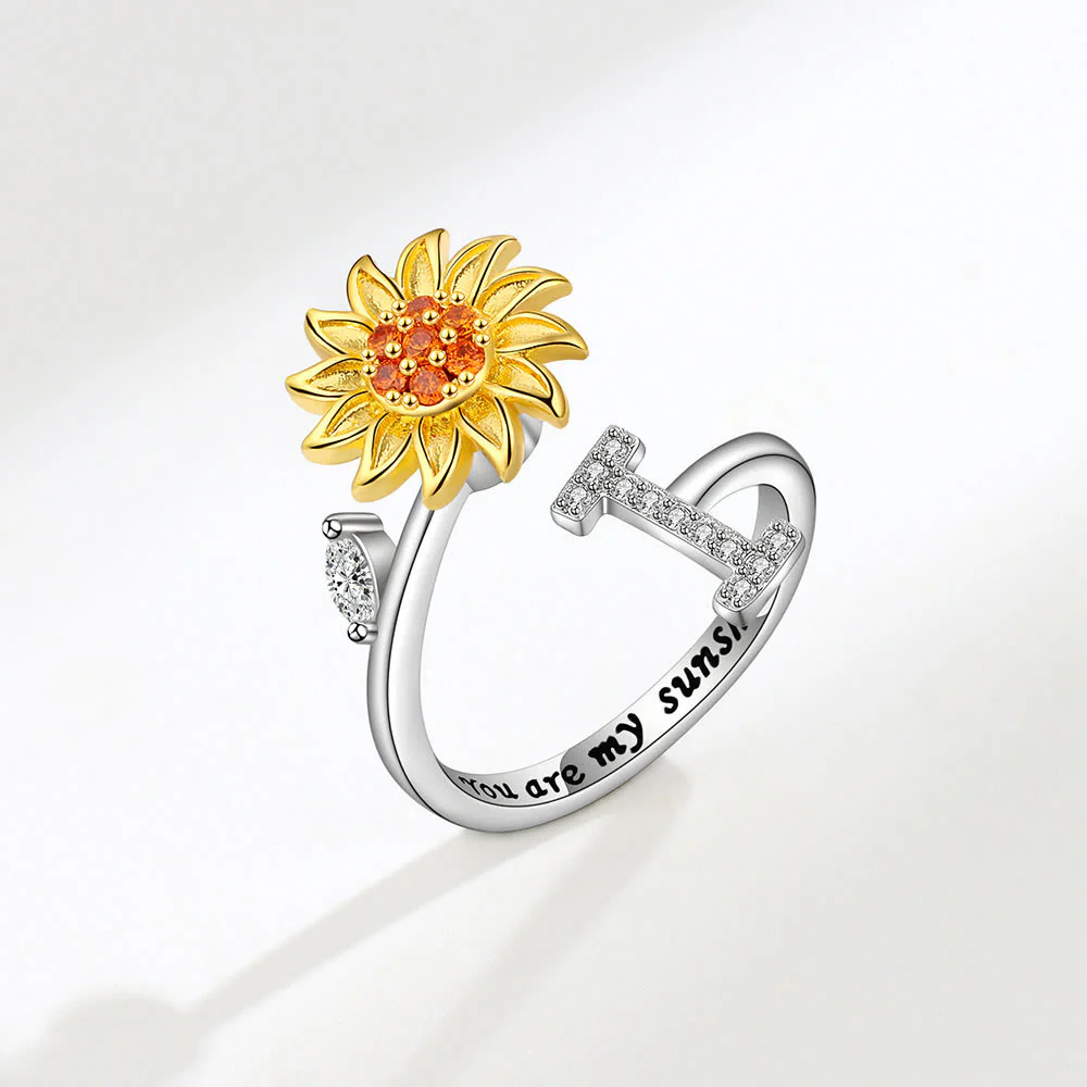 Anxiery Rotating Sunflower Initial Letter Adjustable Ring - Image 10