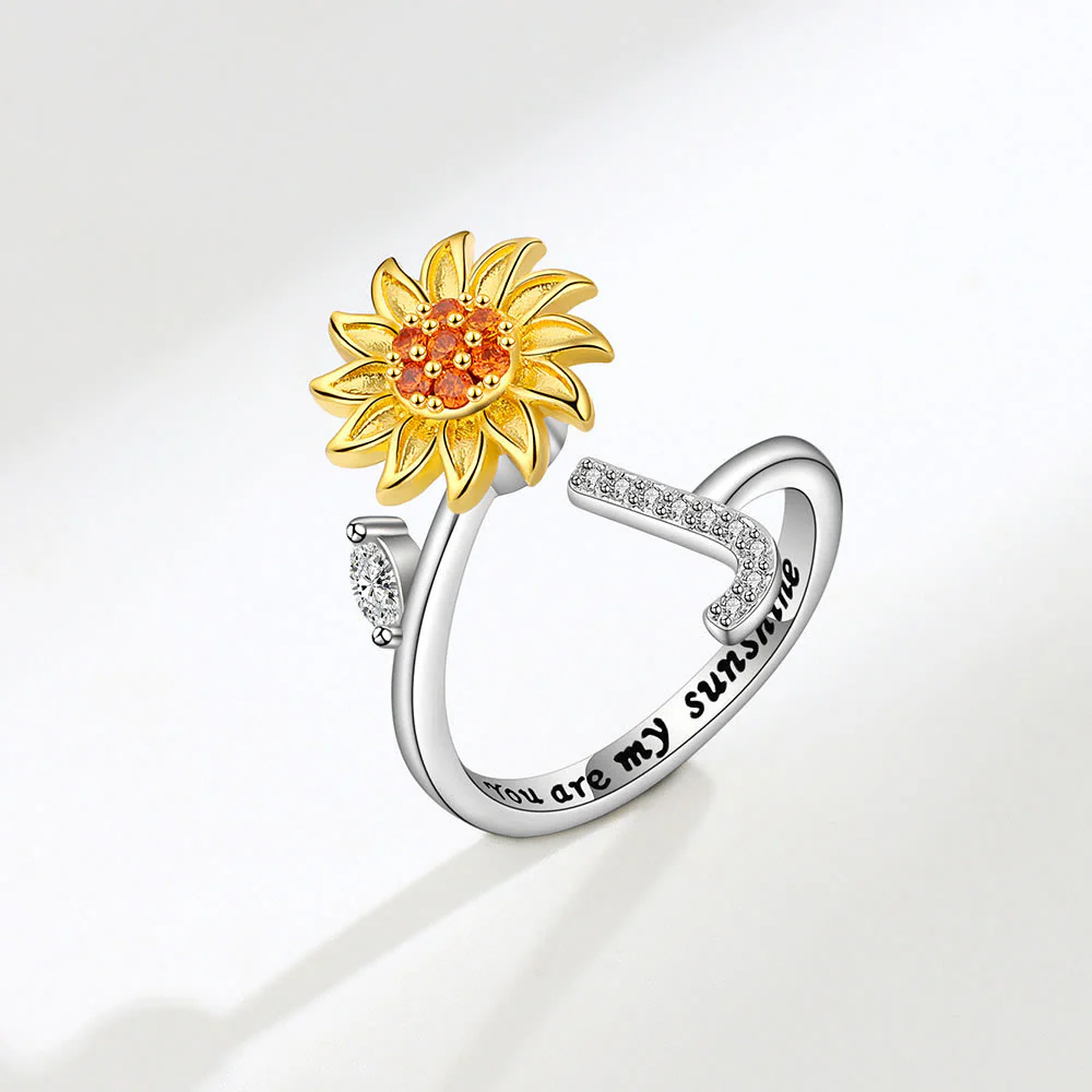 Anxiery Rotating Sunflower Initial Letter Adjustable Ring - Image 11