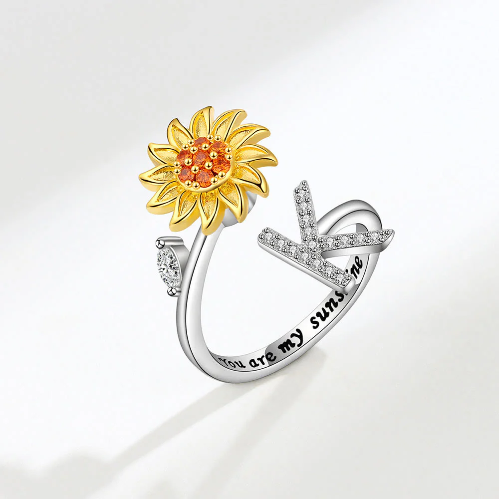 Anxiery Rotating Sunflower Initial Letter Adjustable Ring - Image 12