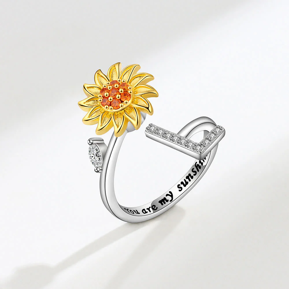 Anxiery Rotating Sunflower Initial Letter Adjustable Ring - Image 13