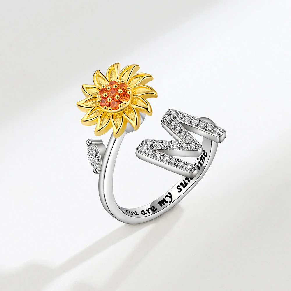 Anxiery Rotating Sunflower Initial Letter Adjustable Ring - Image 14