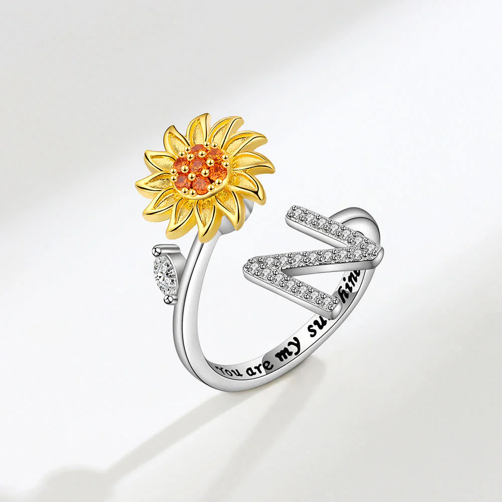 Anxiery Rotating Sunflower Initial Letter Adjustable Ring - Image 15