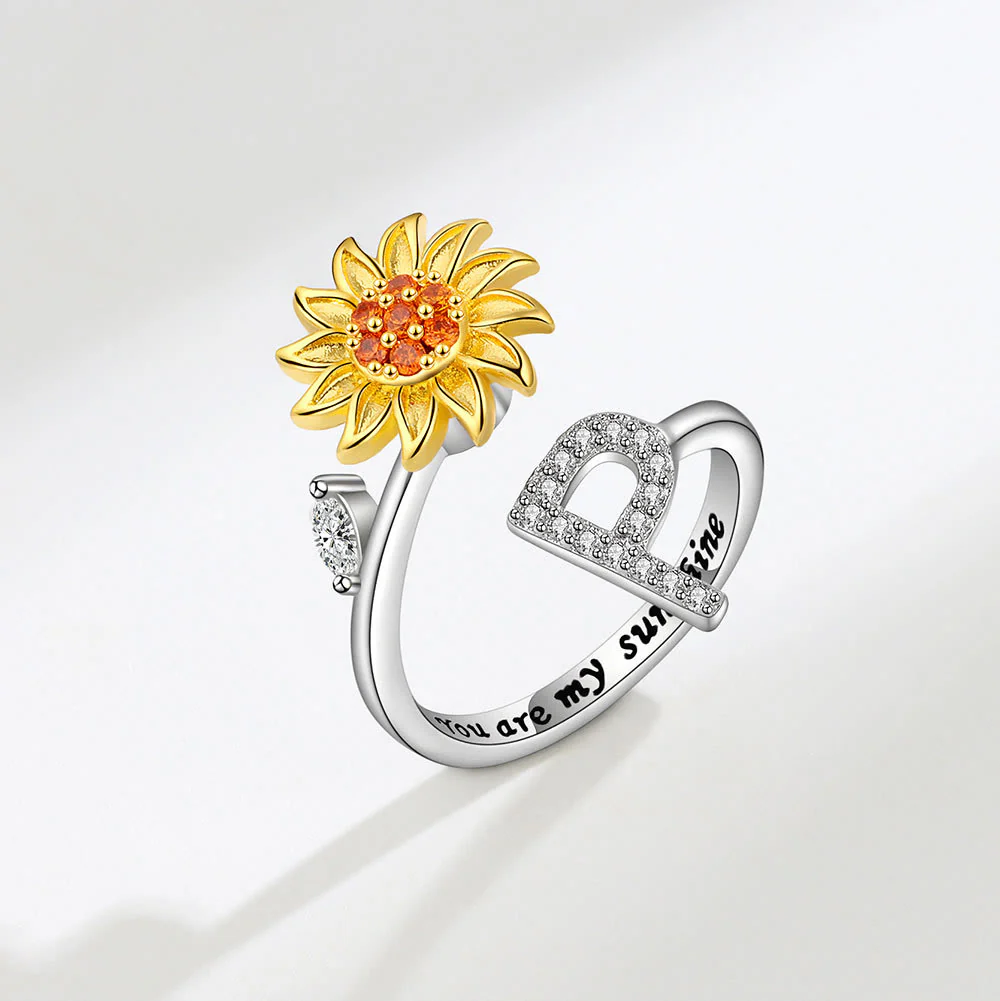 Anxiery Rotating Sunflower Initial Letter Adjustable Ring - Image 17