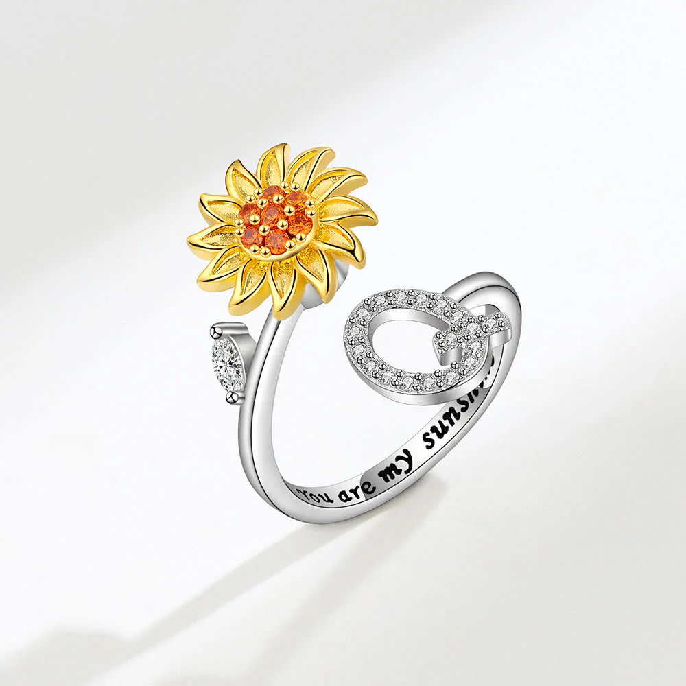 Anxiery Rotating Sunflower Initial Letter Adjustable Ring - Image 18