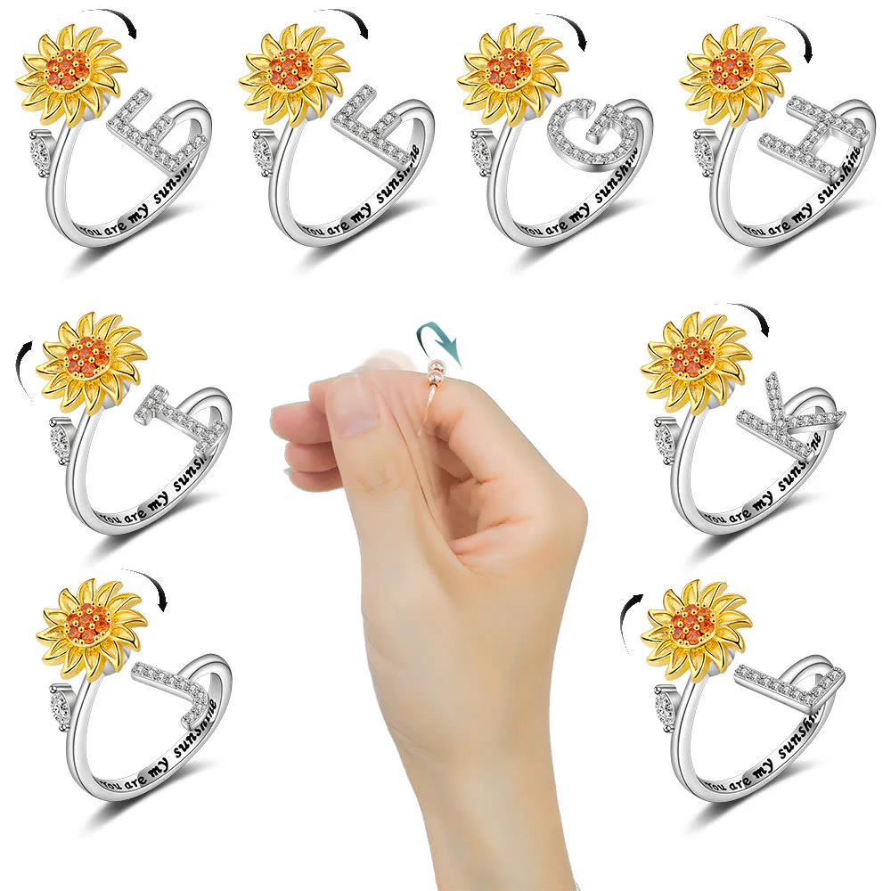 Anxiery Rotating Sunflower Initial Letter Adjustable Ring - Image 2