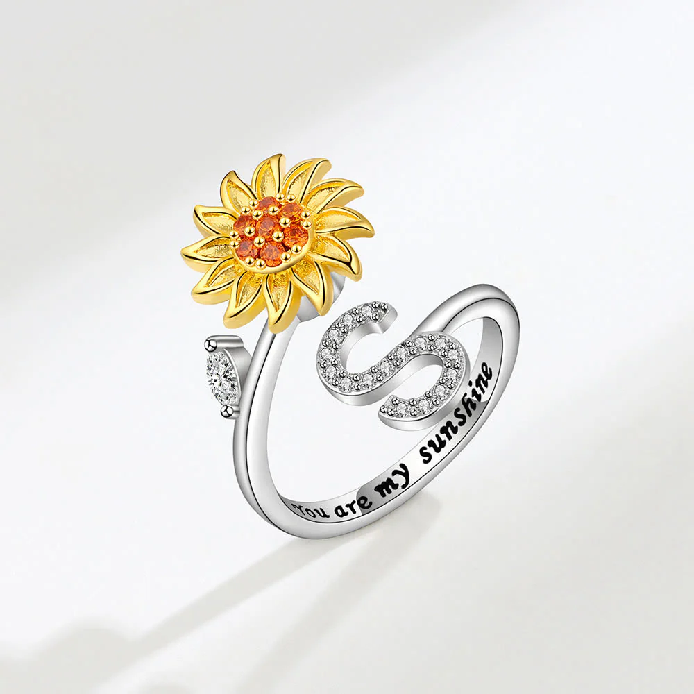 Anxiery Rotating Sunflower Initial Letter Adjustable Ring - Image 20