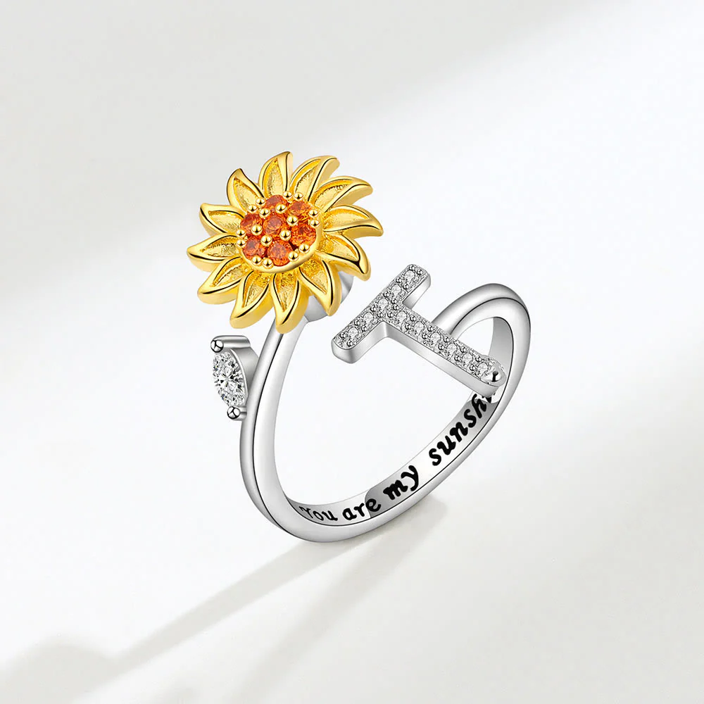 Anxiery Rotating Sunflower Initial Letter Adjustable Ring - Image 21