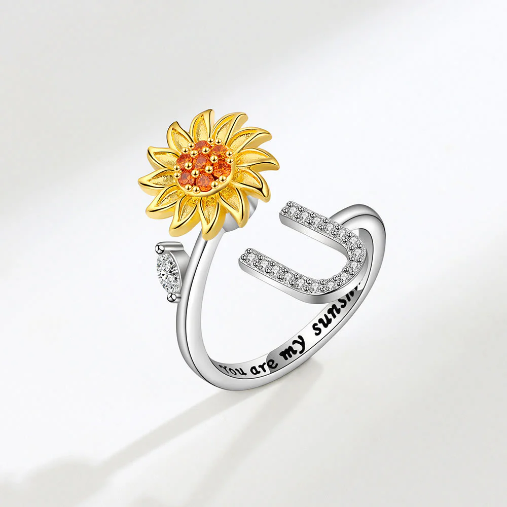 Anxiery Rotating Sunflower Initial Letter Adjustable Ring - Image 22