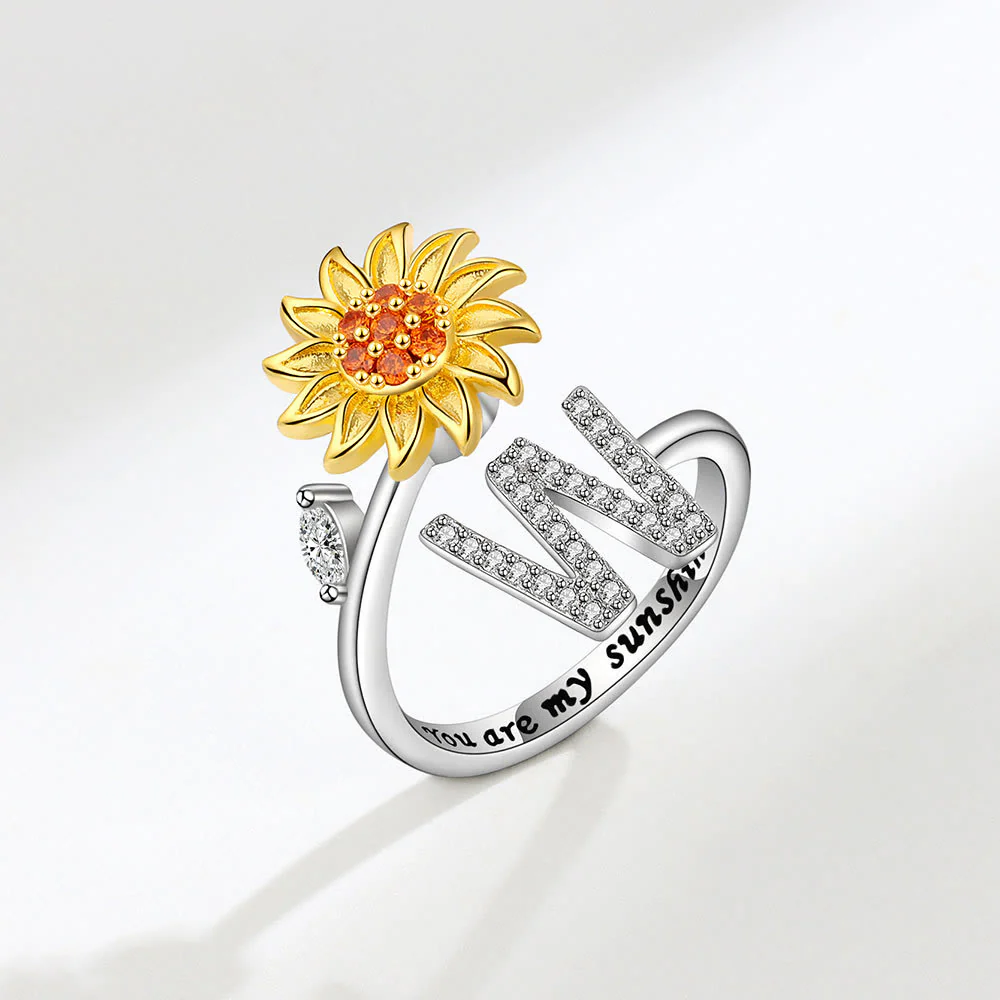 Anxiery Rotating Sunflower Initial Letter Adjustable Ring - Image 24